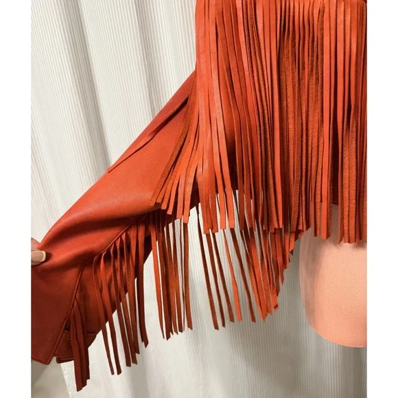 VTG North Beach Leather Women's Size Small 5/6 Cropped Red Fringe Leather Jacket - Picture 11 of 14